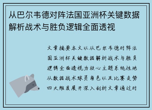 从巴尔韦德对阵法国亚洲杯关键数据解析战术与胜负逻辑全面透视