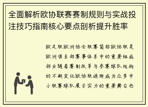 全面解析欧协联赛赛制规则与实战投注技巧指南核心要点剖析提升胜率